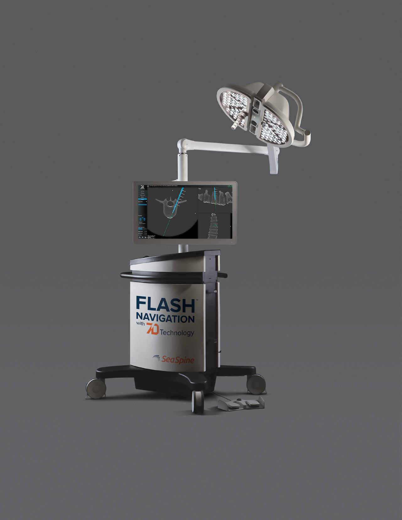 FLASH™ Navigation System with 7D Technology — the mobile platform with integrated light head and navigation monitor (Orthofix/SeaSpine material)