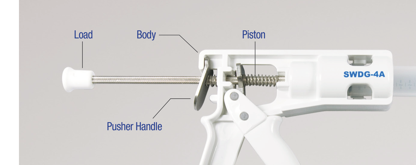 SPASY™ — dispozitivul de dispensare a cimentului (SWDG-4A) cu piston, mâner de împingere și trigger pentru vertebroplastie (material Seawon Meditech)